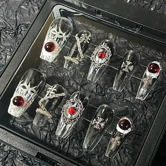 Handmade phototherapy, wearing nail enhancement, internet celebrity, same Japanese style ins, large red diamond, transparent black base, gradient