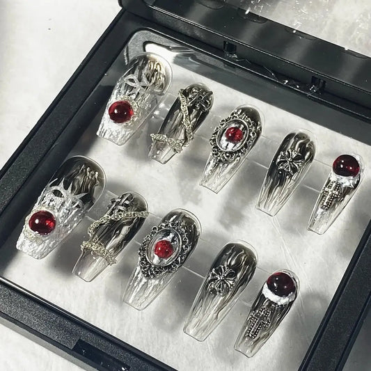 Handmade phototherapy, wearing nail enhancement, internet celebrity, same Japanese style ins, large red diamond, transparent black base, gradient