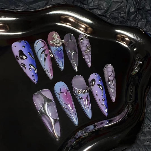 Purple Vine Starry Sky Lace Wearing Nail Short Style Mixed Color Combination Wearing Nail Enhancement Finished False Nail Enhancement Patch