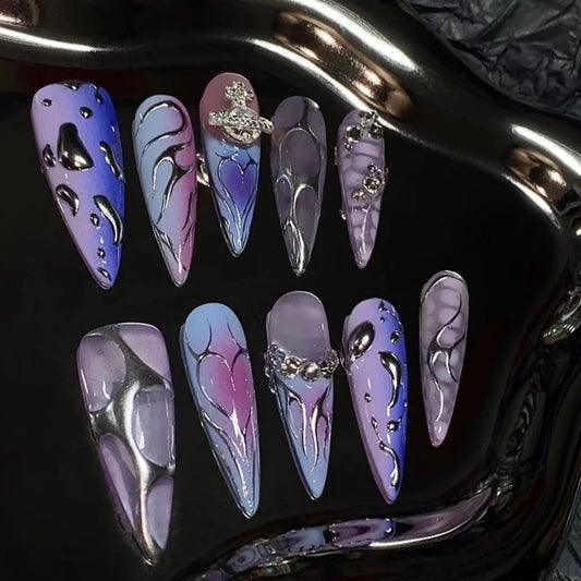 Purple Vine Starry Sky Lace Wearing Nail Short Style Mixed Color Combination Wearing Nail Enhancement Finished False Nail Enhancement Patch