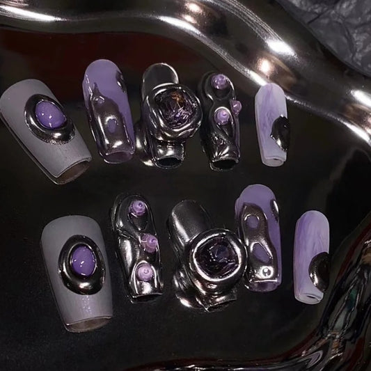 Wearing Nail Pure Handmade Customizable Wearable Finished Nail Enhancement Sheet Detachable Y2K Purple Ink Sweet Cool Style