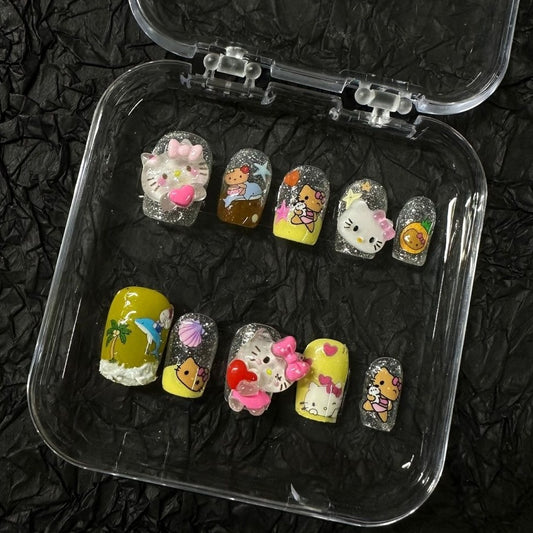 Hello Kitty Wearing Nail Short and Medium Nail Enhancement Black Leather Kitty Cat Y2K Spicy Girl Style Cute Detachable