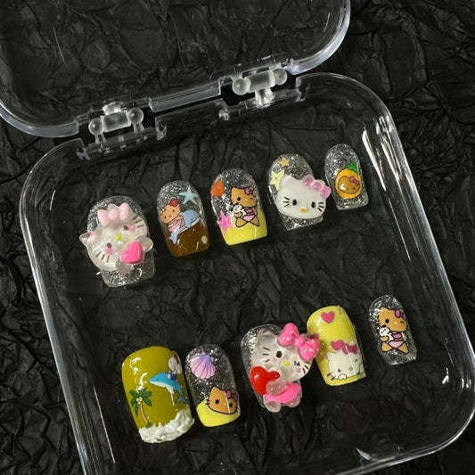 Hello Kitty Wearing Nail Short and Medium Nail Enhancement Black Leather Kitty Cat Y2K Spicy Girl Style Cute Detachable