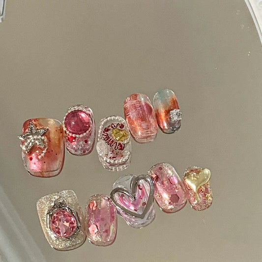 Handmade nail enhancement y2k Spicy Girl Shanghai Pie Sweetheart Royal Sister Show White Short Heavy Work Wearing Nail Customized False Nail Patch