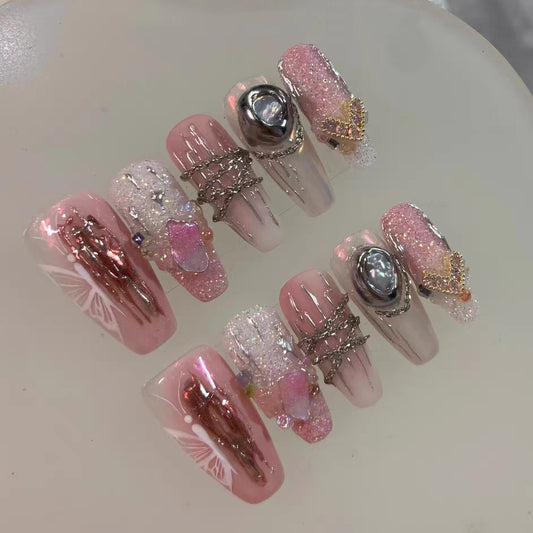 Wearing Nail Customized Advanced Japanese Pink and Daisy Handmade Nail Enhancement Finished False Nail Patch Heavy Industry Metal Sweet Cool Spicy Girl