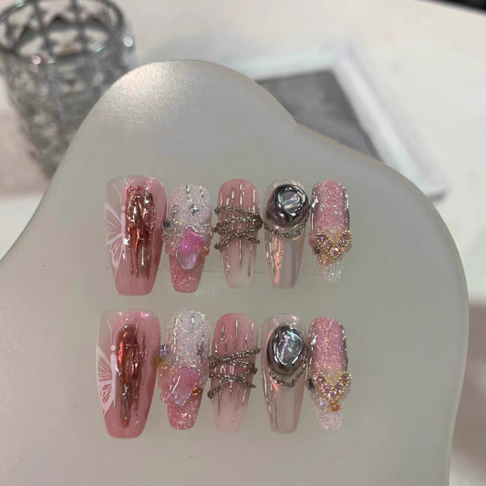 Wearing Nail Customized Advanced Japanese Pink and Daisy Handmade Nail Enhancement Finished False Nail Patch Heavy Industry Metal Sweet Cool Spicy Girl