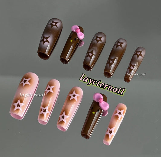 Brown and Pink Stars High Sense Nails