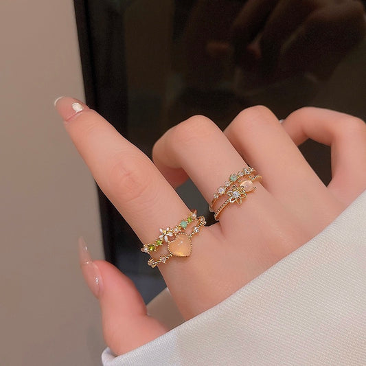 Personalized high-end exquisite ring double-layer flower zircon love ring female niche design cat's eye stone opening ring