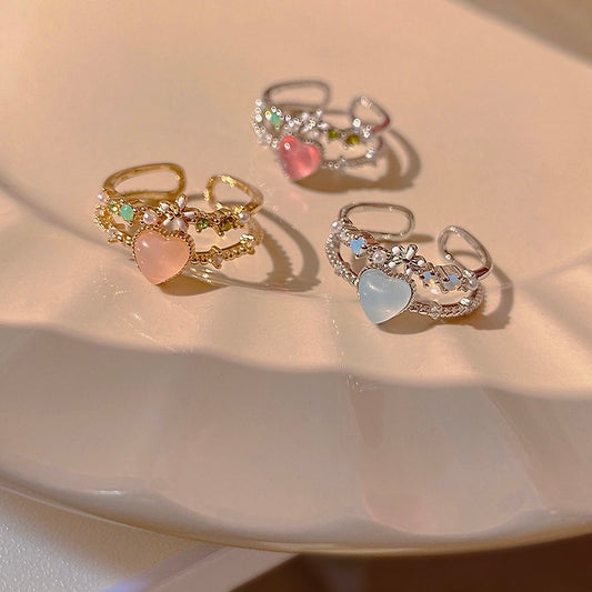 Personalized high-end exquisite ring double-layer flower zircon love ring female niche design cat's eye stone opening ring