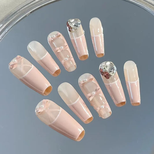 Handmade Wearing Nail Fingertip Ballet with High Grade Diamonds and Bow Ties French Style Style Nail Art
