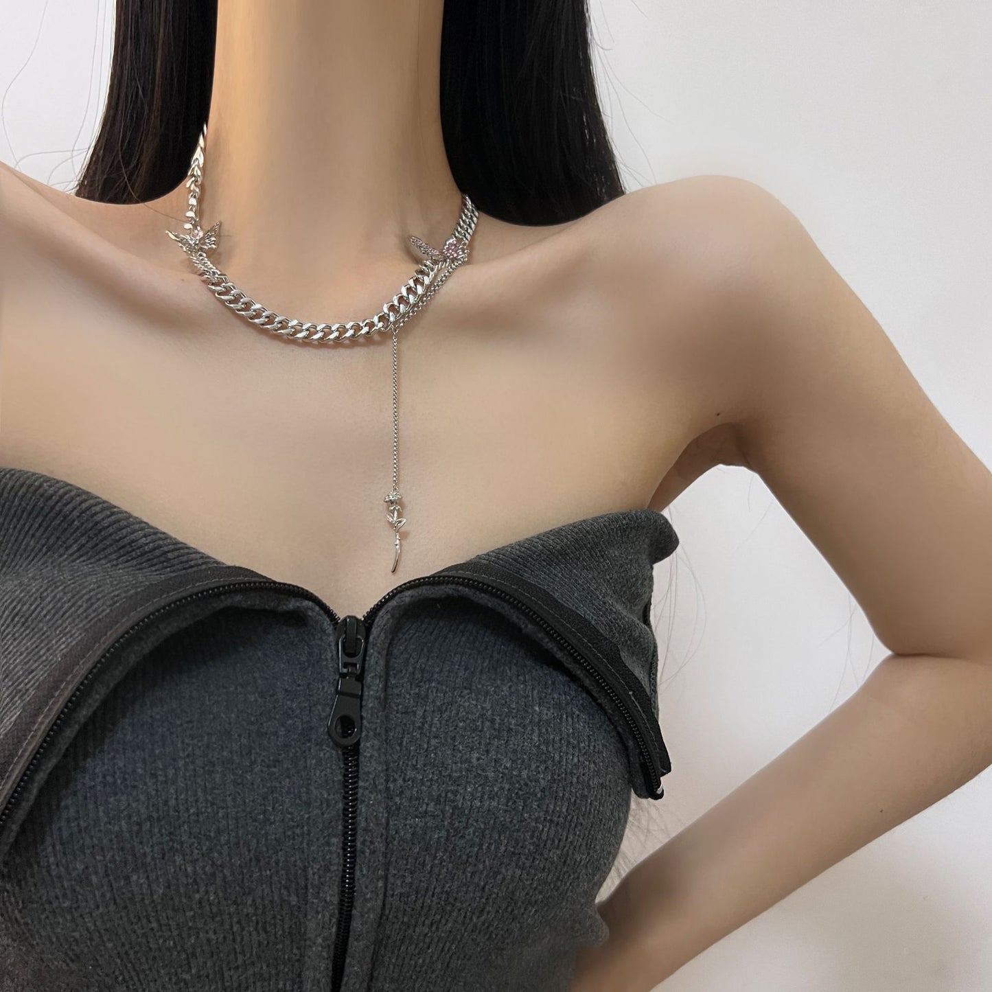 Butterfly Fairy Descends to Earth, Sweet Cool Wind Crystal Butterfly Tassel Necklace, Female Minority Design, Light Luxury, High Grade Feeling Collar Chain