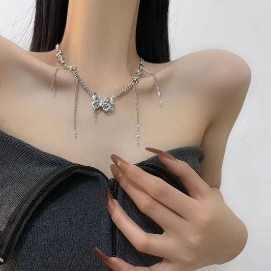 Butterfly Fairy Descends to Earth, Sweet Cool Wind Crystal Butterfly Tassel Necklace, Female Minority Design, Light Luxury, High Grade Feeling Collar Chain