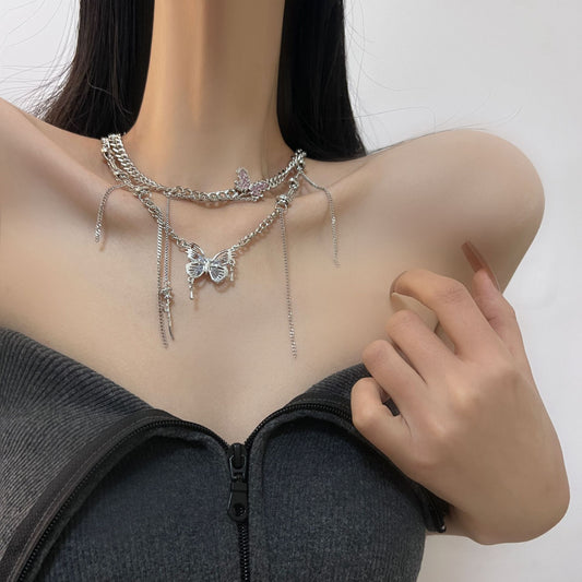 Butterfly Fairy Descends to Earth, Sweet Cool Wind Crystal Butterfly Tassel Necklace, Female Minority Design, Light Luxury, High Grade Feeling Collar Chain