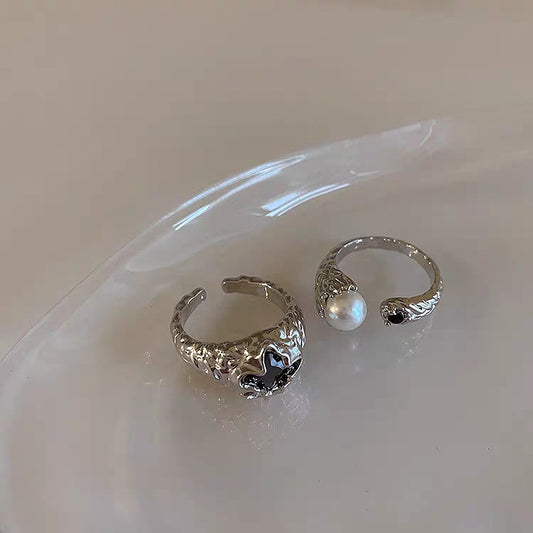 A niche design with irregular metal zircon pearl opening ring for women's retro personality, simple and versatile ring