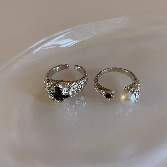A niche design with irregular metal zircon pearl opening ring for women's retro personality, simple and versatile ring