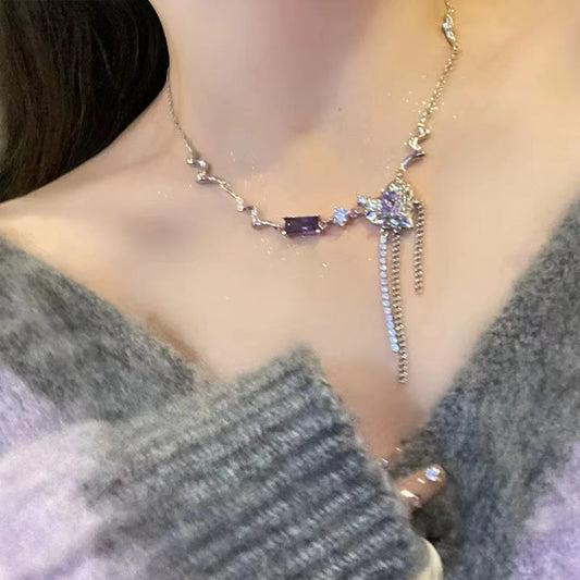 Purple zirconia love metal titanium steel necklace ins female niche design sense temperament personality hundred with collarbone chain