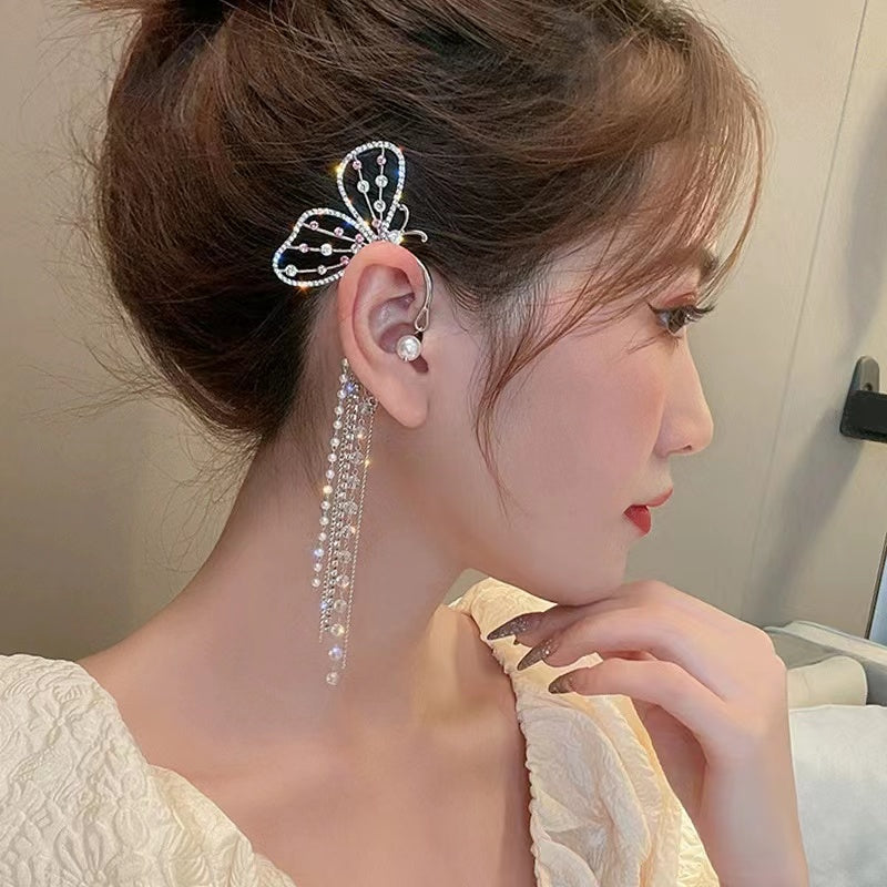 Pearl rhinestone butterfly tassel earrings earrings hang female new elf earrings no ear hole ear bone clip earrings