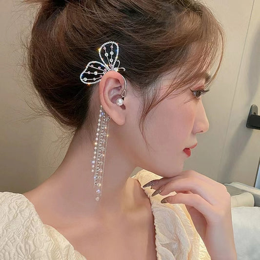 Pearl rhinestone butterfly tassel earrings earrings hang female new elf earrings no ear hole ear bone clip earrings