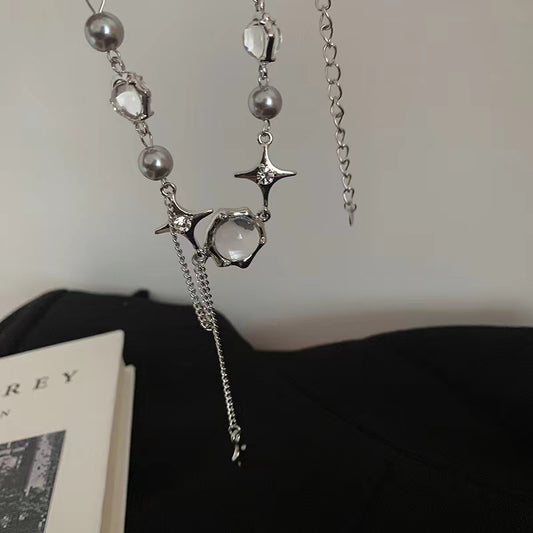 Moonlight zirconia cross tassel necklace