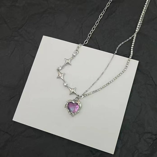 zirconia necklace double layer super fairy purple love pendant chain