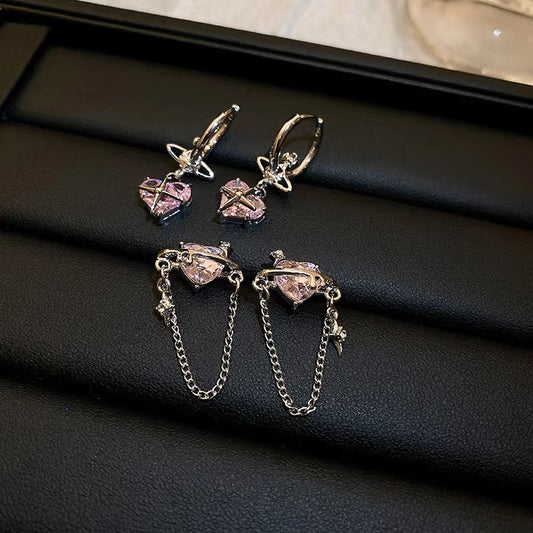 Silver pin awning star with diamond love tassel earrings niche design earrings