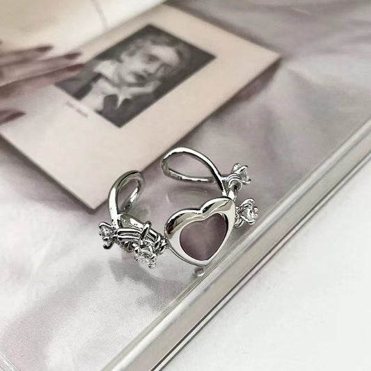 Pink love cat's eye stone open ring peach heart thorn zirconia ring