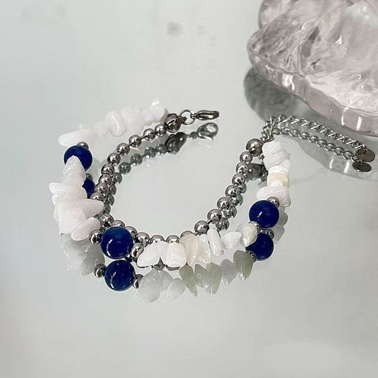 Double layer white crushed stone blue bead bracelet