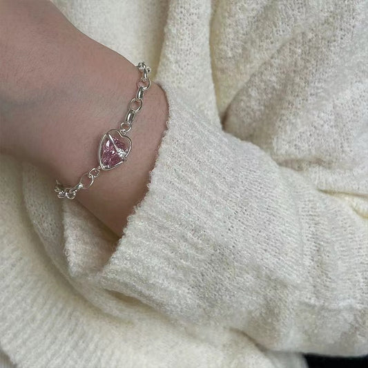 S925 silver sweet pink love bracelet female temperament fashion elegant peach heart bracelet ins literary hand jewelry