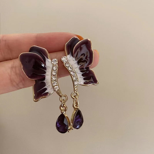 Purple butterfly flying high sense of design French vintage metal butterfly earrings