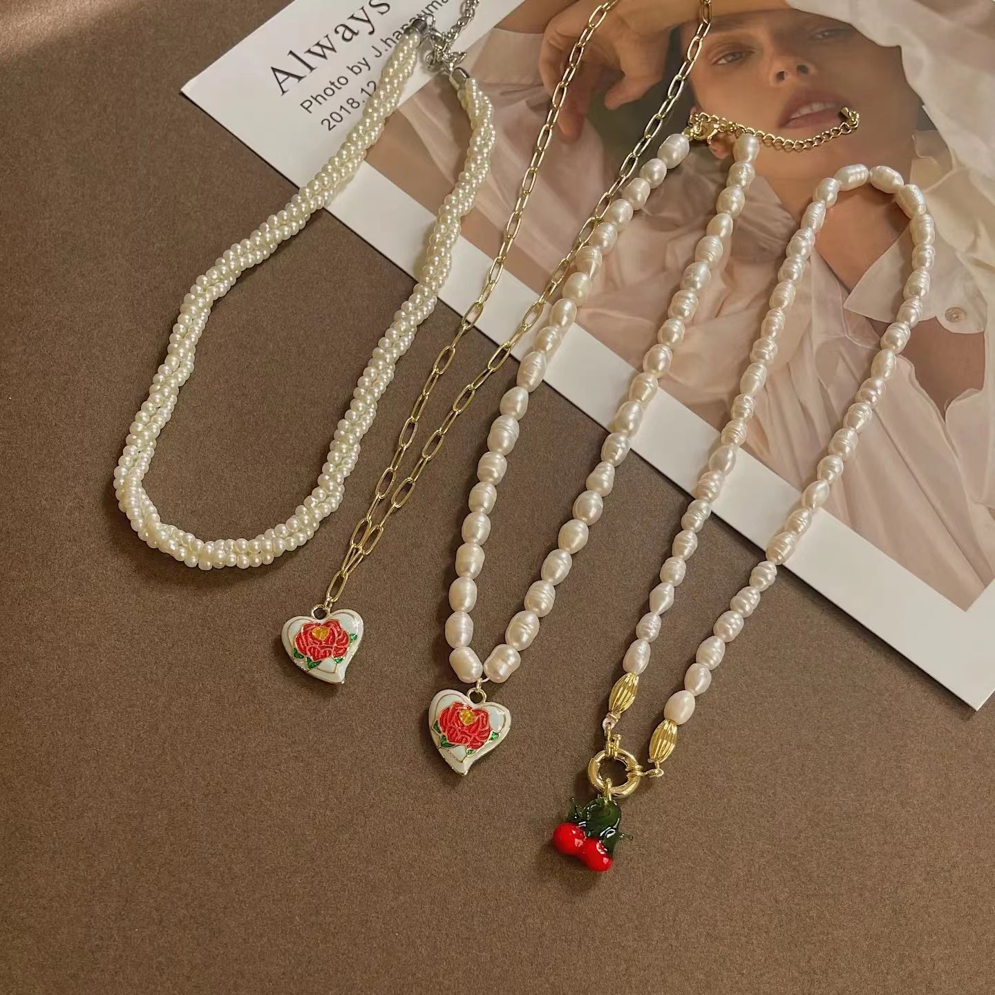 Vintage French pearl necklace elegant rose collarbone chain