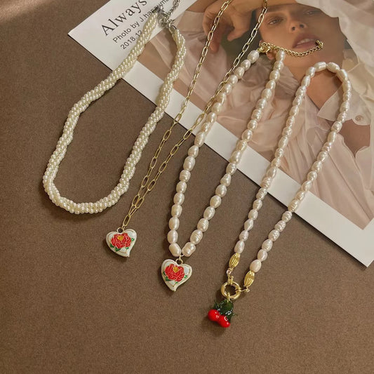 Vintage French pearl necklace elegant rose collarbone chain