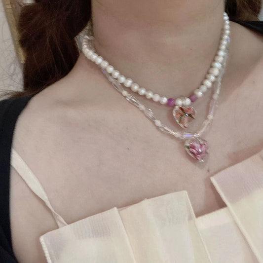 Sweet Cool Color Crystal Pearl Love Pendant Necklace