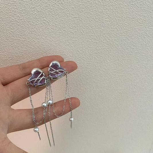 925 silver needle purple love zirconia tassel pearl earrings super fairy niche design sense senior sense earrings female tide