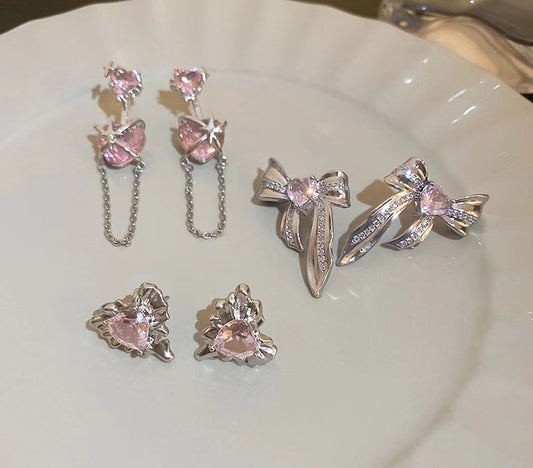 Pink zircon love Bow Earrings sweet cool Earrings