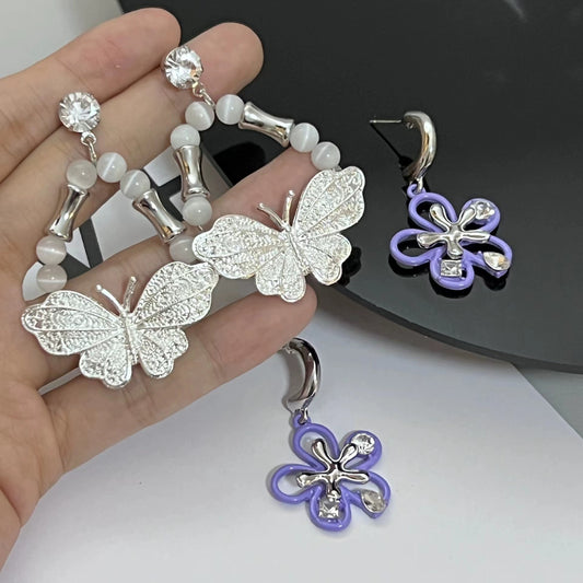 Purple flower and White Butterfly Earrings