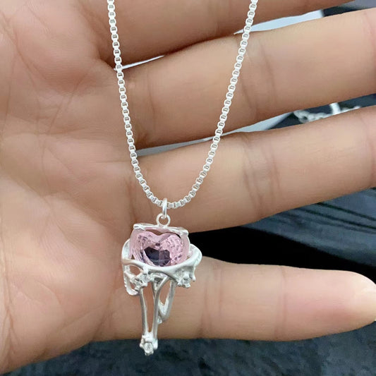 Pink zirconium love niche design necklace earrings studs collarbone chain simple fashion accessories