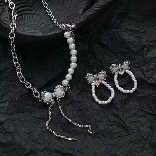 Pearl necklace female ins niche design sense sweet cool Opal bow tassel pendant Opal personality collarbone chain
