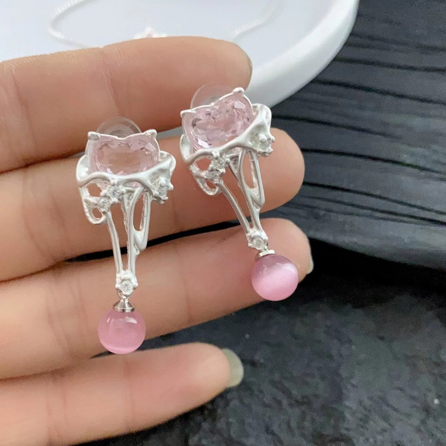 Pink zirconium love niche design necklace earrings studs collarbone chain simple fashion accessories