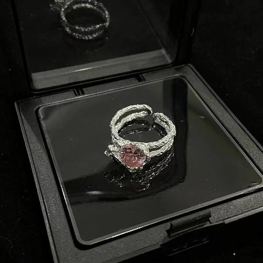 Pink zirconia love necklace niche design lava opening ring irregular senior sense of sweet cool wind earrings female