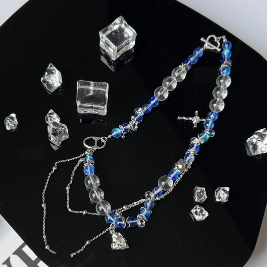 Stone blue burst crystal love planet patchwork necklace