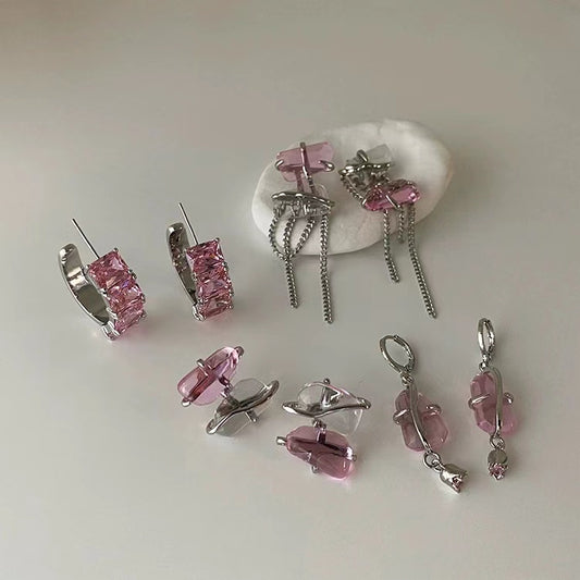 Super fairy pink zirconia irregular metal tassel earrings female Korean personality versatile temperament fashion earrings earrings