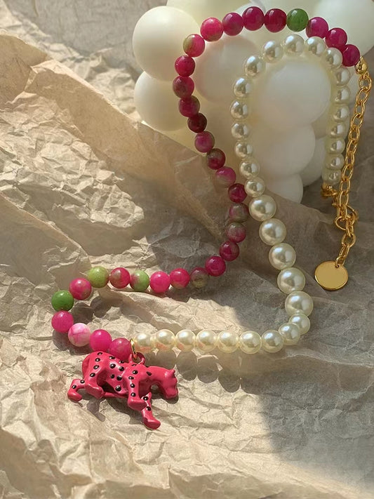 Sweet cool pink leopard pearl necklace
