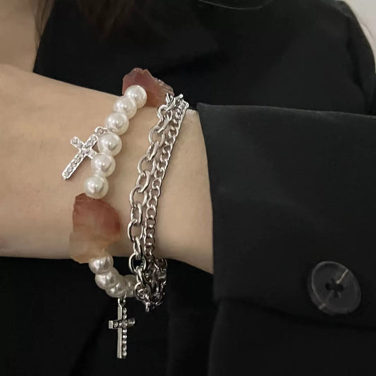 Artificial ore shell beads metal cross niche country trend chain bracelet