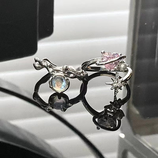 Niche design ins cold wind set pink zircon moonstone texture ring