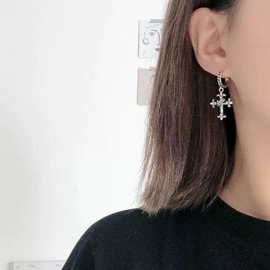 Silver Vintage flower shaped crown cross Circle Earrings