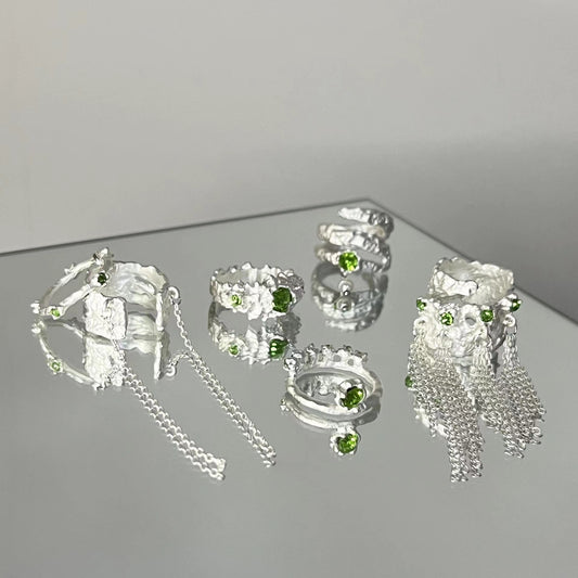 Green rhinestone tassel chain pearl pendant ring