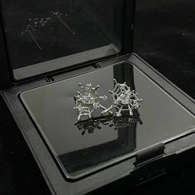 Niche design spider web set ins cold wind open ring inlaid zirconia necklace senior sense earrings female