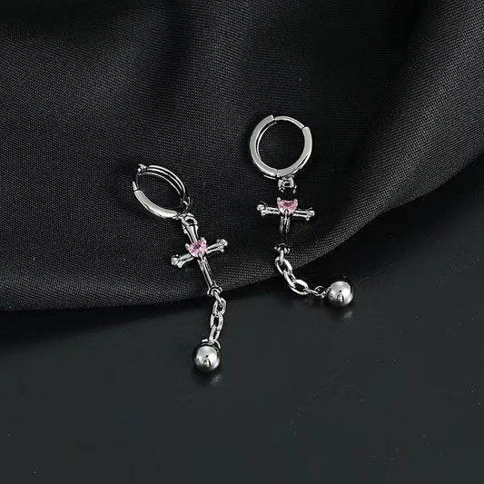 Cold wind earrings female ins personality hundred with cross long ear buckle love zirconia sweet cool senior sense earrings