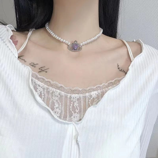 Fantasy purple planet temperament silver needle earrings bracelet necklace