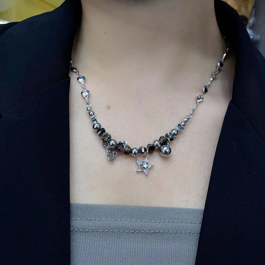 Cool little hand made love chain beads crystal ball chain five pointed star micro diamond necklace personality versatile woman